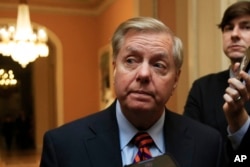 FILE - Sen. Lindsey Graham, a South Carolina Republican, speaks to reporters on Capitol Hill in Washington, Jan. 8, 2019.