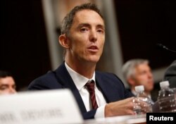 Keith Enright, chief privacy officer at Google LLC, testifies before the Senate Commerce, Science and Transportation Committee on safeguards for consumer data privacy in Washington, Sept. 26, 2018.