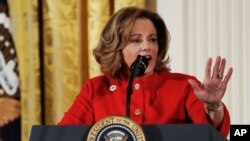 FILE - Then-deputy national security adviser K.T. McFarland speaks at the White House in Washington, March 29, 2017. 