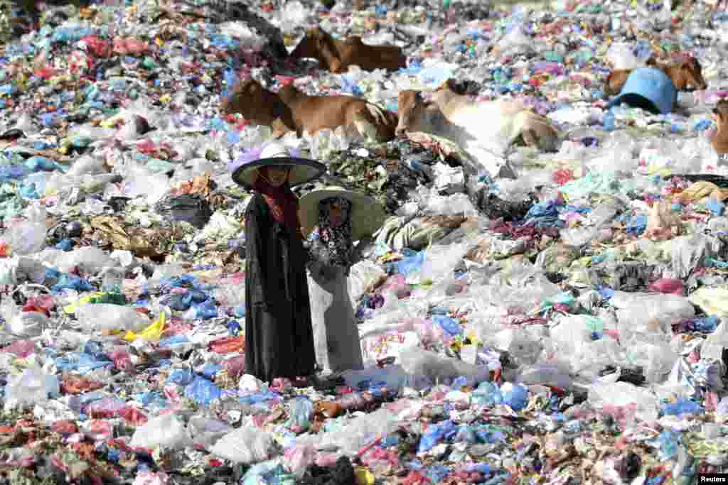 Dua orang gadis berdiri dekat tempat pembuangan sampah, sementara beberapa ekor sapi berada di dekat mereka, di provinsi Taiz, Yaman selatan. 