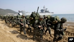 South Korean Marines take part in a U.S.-South Korea joint exercise last year. The two allies have held joint exercises to several times this year including naval drills.