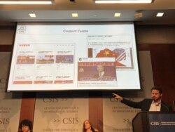 美國數碼情報研究室主任莫楠2020年2月11日在戰略與國際研究中心介紹中國生產假信息內容農場(美國之音鍾辰芳拍攝）