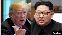 FILE - A combination photo shows U.S. President Donald Trump, left, in Washignton, May 17, 2018, and North Korean leader Kim Jong Un in Panmunjom, South Korea, April 27, 2018.