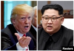 FILE - A combination photo shows U.S. President Donald Trump, left, in Washignton, May 17, 2018, and North Korean leader Kim Jong Un in Panmunjom, South Korea, April 27, 2018.