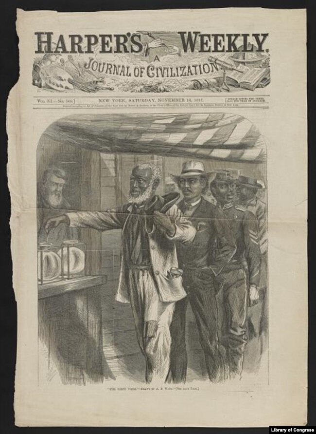 "The first vote." drawn by A.R. Waud. Activists in the women’s rights movement noted that the 15th Amendment marked the first time the Constitution clearly gave a right to men and not to women.