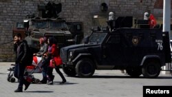 Turkish police armored vehicles are parked at Taksim Square in central Istanbul, April 14, 2017. 