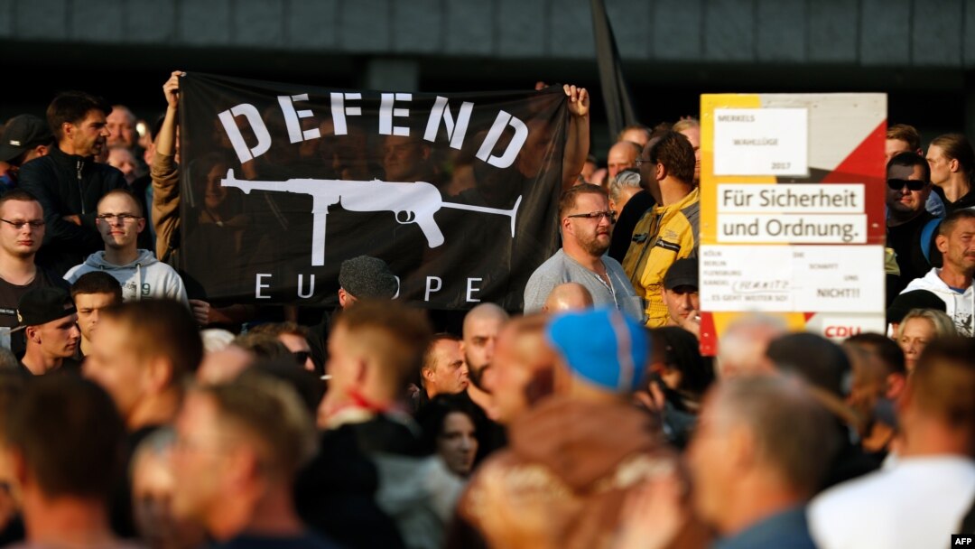 People demonstrate on Aug. 27, 2018 in Chemnitz, eastern Germany, following the death of a 35-year-old German national who died in hospital after a "dispute between several people of different nationalities," according to the police.