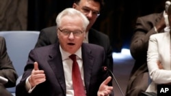 Russian Federation Ambassador Vitaly Churkin addresses the United Nations Security Council, Friday, May 2, 2014