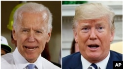 FILE - Former Vice President Joe Biden speaks in Collier, Pa., March 6, 2018; President Donald Trump is pictured in the Oval Office of the White House in Washington, March 20, 2018.