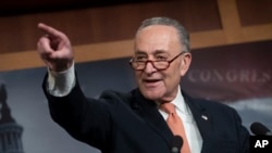 Senate Minority Leader Chuck Schumer, D-N.Y., explains to reporters how his negotiations with President Donald Trump broke down Jan. 19 as quarreling politicians in Washington eventually failed to keep the government in business, at the Capitol in Washing