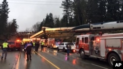 This photo provided by Washington State Patrol shows an Amtrak train that derailed south of Seattle on Dec. 18, 2017. 