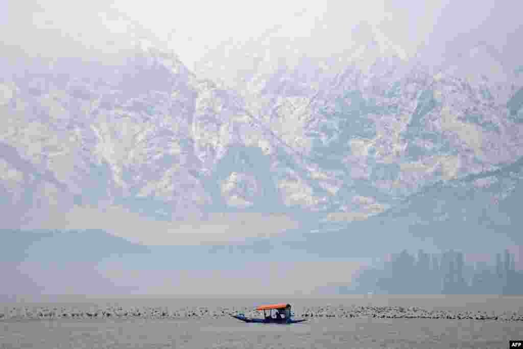 A Kashmiri boatman paddles a shikara boat during rainfall on Dal Lake in Srinagar, India.