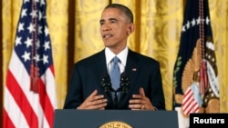 Tổng thống Obama phát biểu tại cuộc họp báo ở phòng Đông Tòa Bạch Ốc, ngày 5/11/2014. 