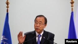 United Nations Secretary General Ban Ki-moon is seen addressing a meeting at the World Climate Change Conference 2015 (COP21) at Le Bourget, near Paris, France, Dec. 7, 2015. 
