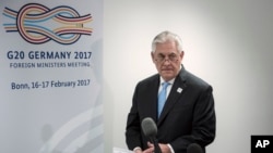 U.S. Secretary of State Rex Tillerson arrives to make a statement after a meeting with Russia's Foreign Minister at Sergei Lavrov at a G-20 metting in Bonn, Germany, Feb. 16, 2017.