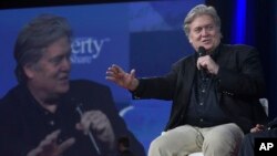 White House strategist Stephen Bannon speaks during the Conservative Political Action Conference (CPAC) in Oxon Hill, Maryland, Feb. 23, 2017.