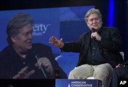 FILE - White House strategist Stephen Bannon speaks during the Conservative Political Action Conference (CPAC) in Oxon Hill, Maryland, Feb. 23, 2017.