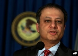 FILE - Preet Bharara, U.S. Attorney for the Southern District of New York, addresses a news conference, in New York, May 28, 2013.