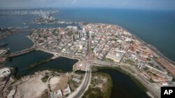 FILE - An aerial view of the colonial-era port in Caratgena, Colombia.