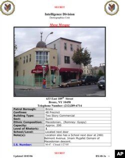 FILE - A New York Police Department, Intelligence Division, Demographics Unit document titled "Syrian Locations of Concern Report" shows an entry on a mosque in the Bronx borough of New York.