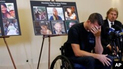 Jason McMillan, 36, of Riverside, a Riverside County Sheriff's deputy who was shot and paralyzed in the Oct, 1, 2017, Las Vegas shooting, reacts as he talks about that evening and is upset about MGM's decision, during a personal account brought together by attorneys at a news conference in Newport Beach, Califorinia, July 23, 2018. 