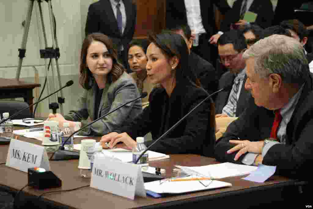 Ms. Monovithya Kem, CNRP&#39;s deputy director general of public affairs, testified at the open hearing on &ldquo;Cambodia&#39;s Descent: Policies to Support Democracy and Human Rights&rdquo; on Tuesday December 12, 2017 at the Rayburn House Office Building. (Sreng Leakhena/VOA Khmer)