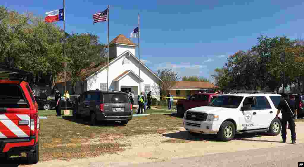 Emergency personnel respond to a fatal shooting at a Baptist church in Sutherland Springs, Texas, Nov. 5, 2017. 