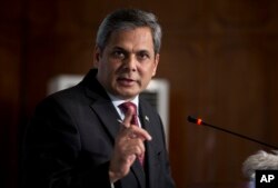 FILE - Pakistan's Foreign Ministry spokesman Nafees Zakaria briefs media at the Foreign Office in Islamabad, Pakistan, May 18, 2017.