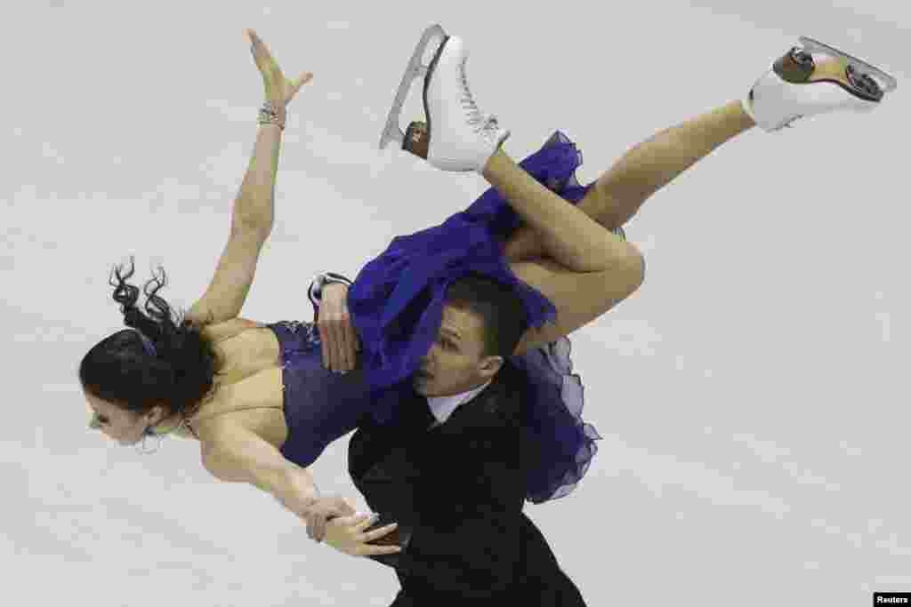 Ekaterina Bobrova and Dmitri Soloviev of Russia perform during the ice dance short dance program at the ISU European Figure Skating Championship in Bratislava, Slovakia.