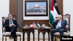 Secretário de Estado americano, Antony Blinken, e Presidente da Autoridade Palestiniana, Mammoud Abbas, Ramallah, 25 de Maio de 2021