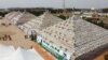 This aerial view shows bags of rice at the launch of the largest rice pyramids in Abuja, Nigeria, on Jan. 18, 2022. 