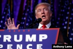 President-elect Donald Trump speaks during an election night rally, Nov. 9, 2016, in New York.