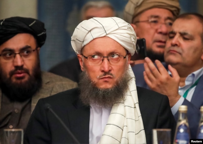 FILE - Deputy Head of Political Office of the Taliban Abdul Salam Hanafi attends a conference arranged by the Afghan diaspora in Moscow, Russia, Feb. 5, 2019.