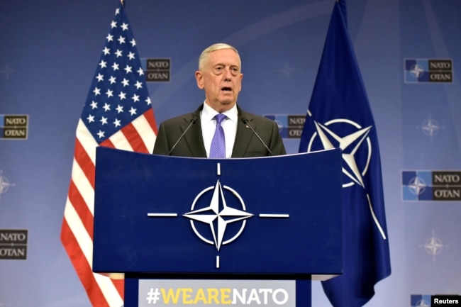 FILE - U.S. Secretary of Defense Jim Mattis gives a news conference after a NATO defense ministers meeting at the Alliance headquarters in Brussels, Belgium, June 29, 2017.