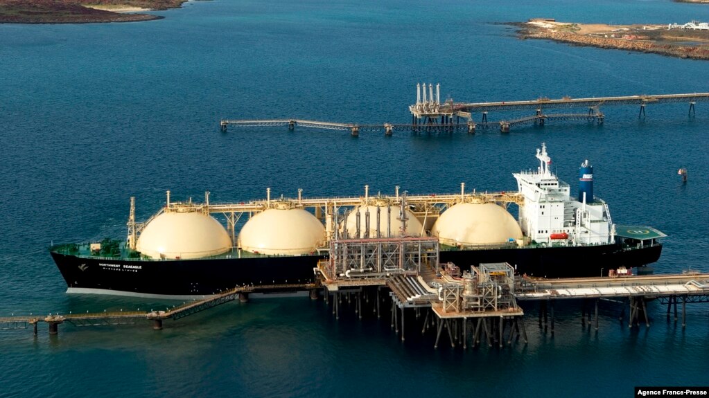 FILE - A 2012 photo shows Woodside Energy Ltd's LNG (liquefied natural gas) tanker at the Karratha gas plant loading terminal in the north of Western Australia. (AFP photo/ HO / Woodside Energy LTD)