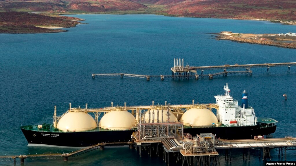 FILE - A 2012 photo shows Woodside Energy Ltd's LNG (liquefied natural gas) tanker at the Karratha gas plant loading terminal in the north of Western Australia. (AFP photo/ HO / Woodside Energy LTD)