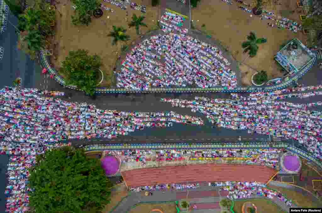 Indonesian Muslims offer Eid al-Adha prayers in Ciamis, West Java province.