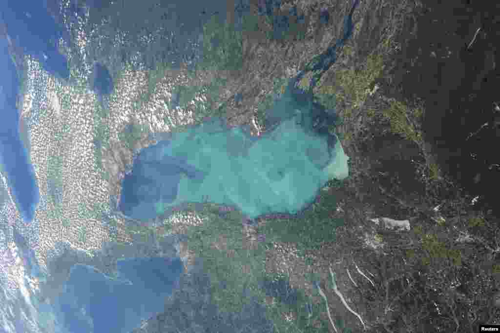 Late summer plankton blooms across much of Lake Ontario, one of North America&#39;s Great Lakes, in this photograph taken by an astronaut on the International Space Station. Microscopic cyanobacteria, or blue-green algae, can reach such large concentrations and color the water to such an extent that the change is visible from orbit. (Courtesy of NASA)