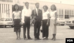 Tun Sovan (center) with his mother, sisters and brother in law at Pochentong International Airport in 1962, before leaving for the U.S. (Photo courtesy of Tun Sovan)