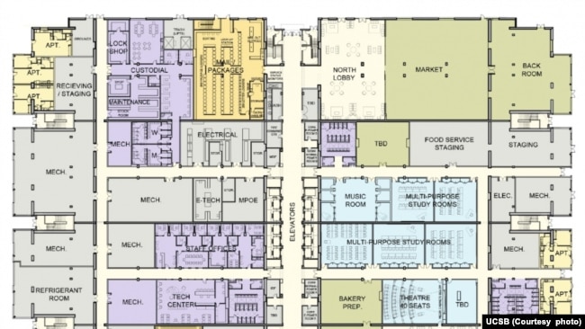 A drawing of the plans for the first floor at the proposed Munger Hall at the University of California - Santa Barbara.