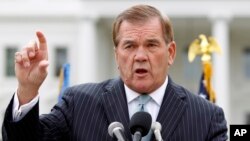 FILE - Former Secretary of Homeland Security Tom Ridge speaks to a crowd of hundreds protesting in front of the White House in Washington, Oct. 22, 2011.