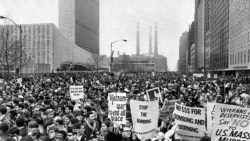 Thousands gather at United Nations Plaza in New York City on April 15, 1967, for a peaceful demonstration against America's involvement in the Vietnam War