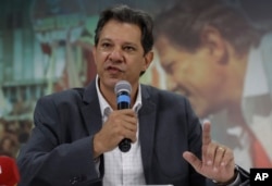 Fernando Haddad, presidential candidate for the Workers' Party, speaks to foreign journalists in Sao Paulo, Brazil, Oct. 18, 2018. Haddad will face Jair Bolsonaro in a presidential runoff Oct. 28.