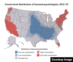 This county-by-county assessment shows where there are already dire shortages of licensed psychologists in the United States. (Graphic: American Psychological Association)