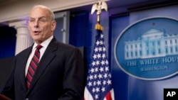 FILE - Homeland Security Secretary John Kelly talks to the media during the daily press briefing at the White House in Washington.