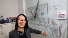 Professor Ya-Chieh Hsu, senior author of the study, shows off a diagram of a hair follicle - complete with a helpful test mouse. Ya-Chieh Hsu has received the Rosslyn-Abramson award for teaching. (Jon Chase/Harvard Staff Photographer)