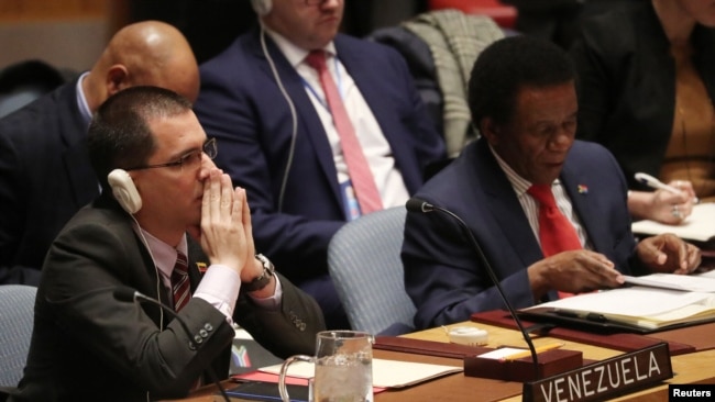 El canciller venezolano, Jorge Arreaza, volvió a denunciar la injerencia EE.UU. en la política interior del país en el Consejo de Seguridad de la ONU. Febrero 26, 2019. REUTERS/Shannon Stapleton