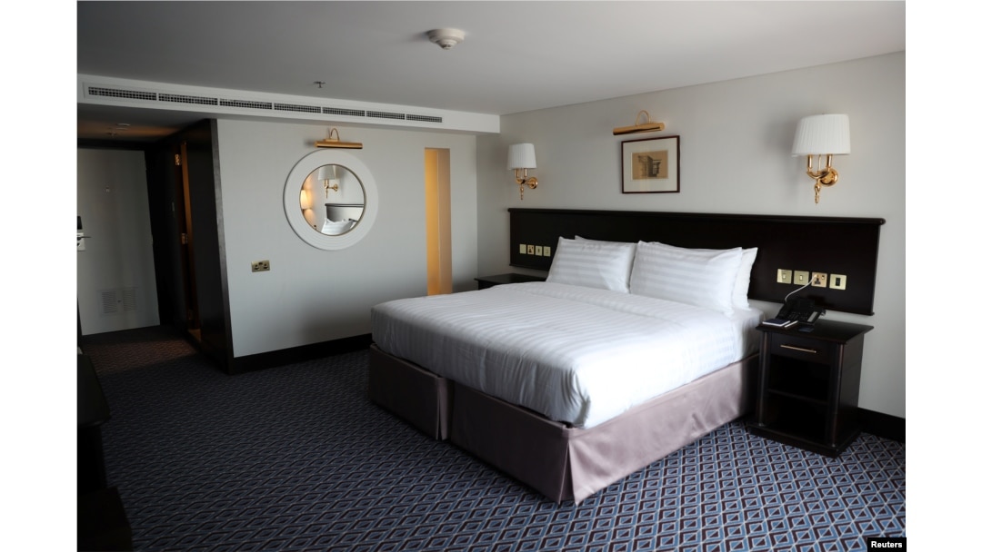 A bedroom is seen inside the Queen Elizabeth II cruise ship, launched as a hotel, in Dubai, UAE, April 18, 2018.