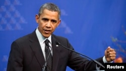 Presiden AS Barack Obama berbicara kepada wartawan pada penutupan KTT Keamanan Nuklir di Den Haag (25/3). 