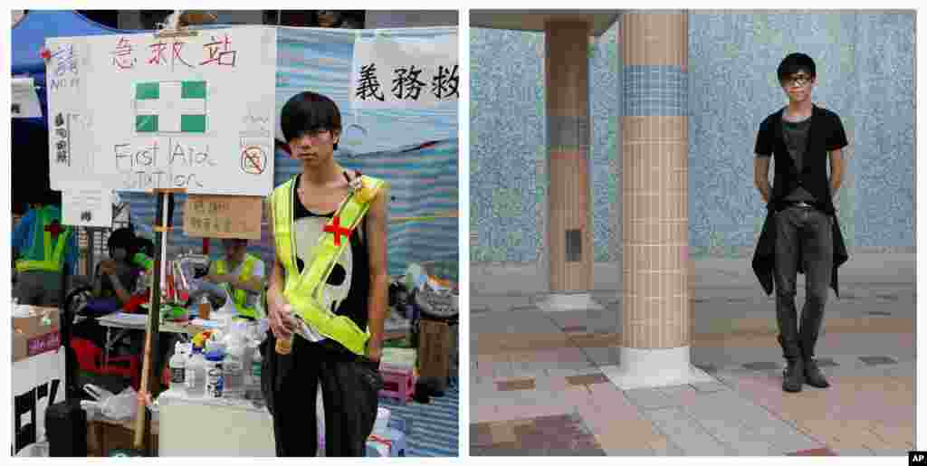 Suen Yuk Ming, 20, seorang mahasiswa, berfoto di depan pos P3K di&nbsp;jalanan utama tempat demonstrasi di distrik Mong di Hong Kong, 11 Oktober 2014 (kiri), dan sekarang di dekat rumahnya di Hong Kong hampir setahun kemudian, 27 September 2015 (kanan). (AP/Vincent Yu) &nbsp;